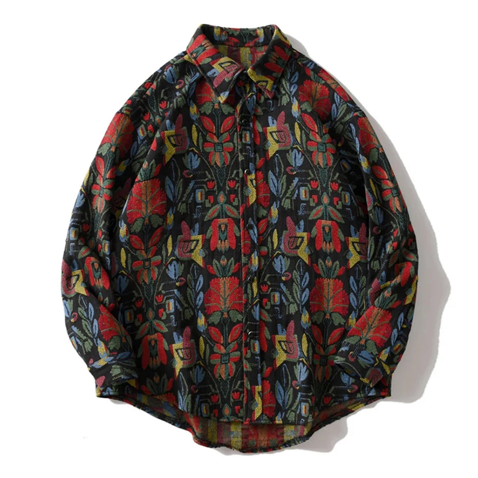 Aztec Floral Art Button-Up Shirt Black, M - Streetwear Shirt - Slick Street