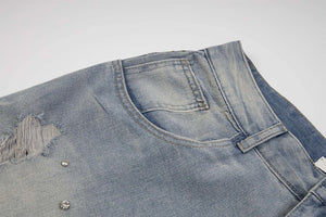 Rhinestone Denim Ripped Shorts , - Streetwear Shorts - Slick Street