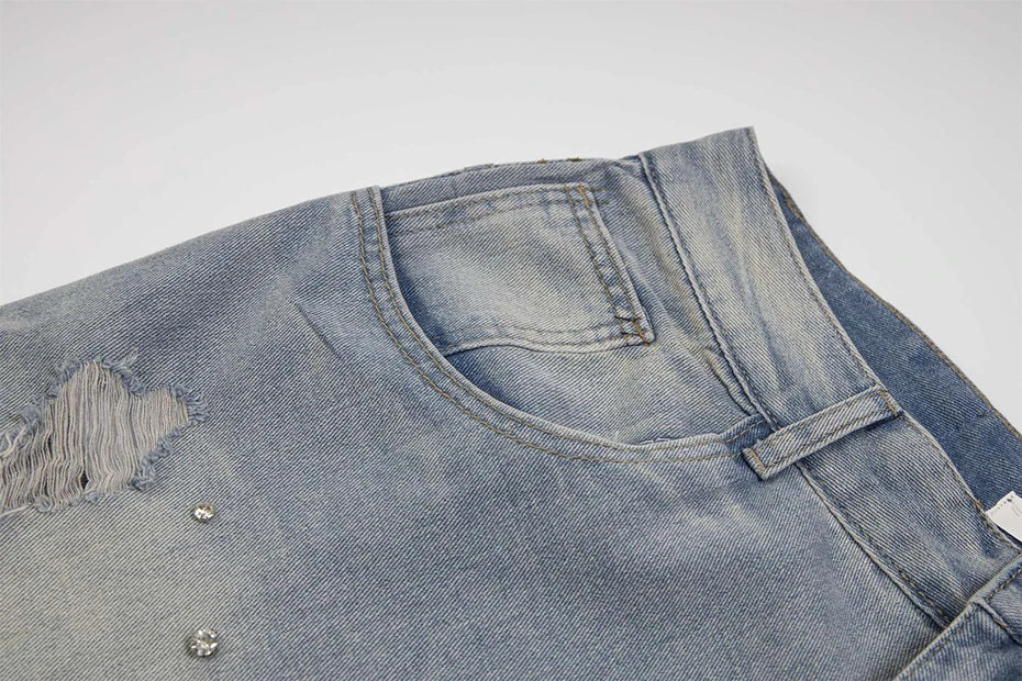 Rhinestone Denim Ripped Shorts , - Streetwear Shorts - Slick Street