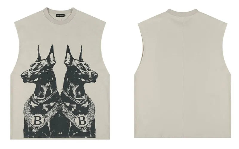 Top Tank Doberman Graphic Sleeveless T-Shirt Khaki, M - Streetwear T-Shirt - Slick Street