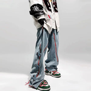 Red Striped Baggy Jeans Blue, XXS - Streetwear Jeans - Slick Street