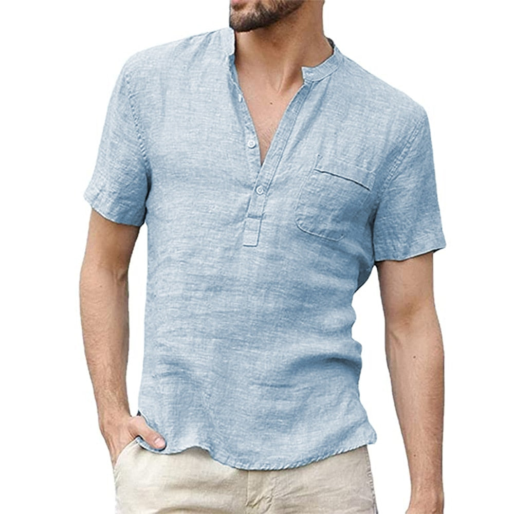 Linen Patch Pocket With Short-Sleeved T-shirt light blue, S 50-60 KG - Streetwear T-Shirt - Slick Street