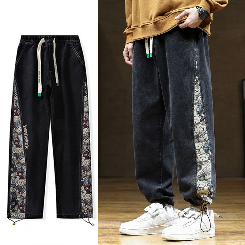 【HELLOICE】Bear Patchwork Straight Leg Casual Pants Designer Bear Patchwork Denim Pants – Slick Street