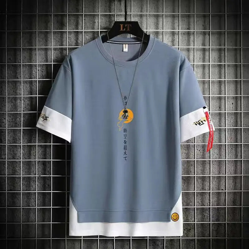 Fake Two Piece Short Sleeves T-Shirt Blue, XS - Streetwear T-Shirt - Slick Street