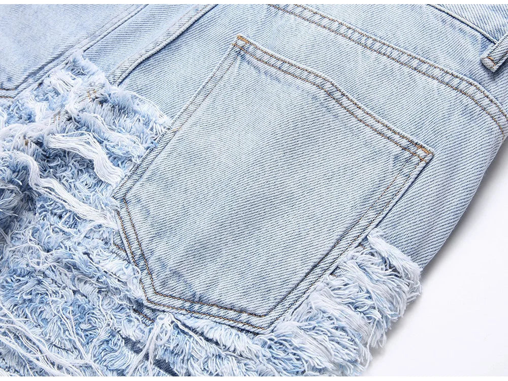 Light Blue Fringe Destroyed Pants , - Streetwear Pants - Slick Street