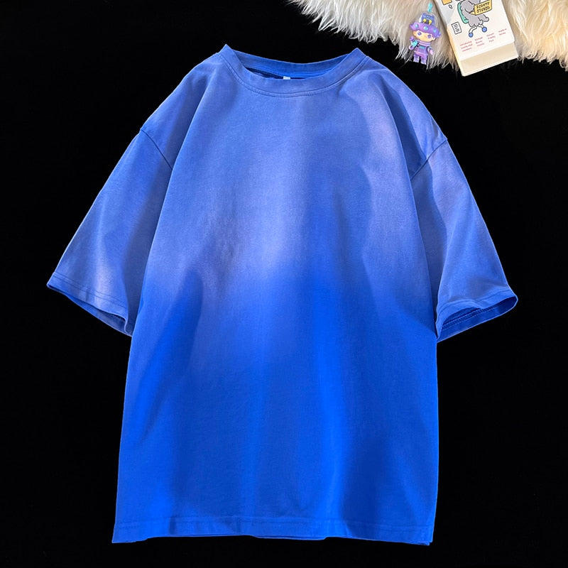 Gradient Washed Color Short Sleeves T-Shirt Blue, M - Streetwear T-Shirt - Slick Street