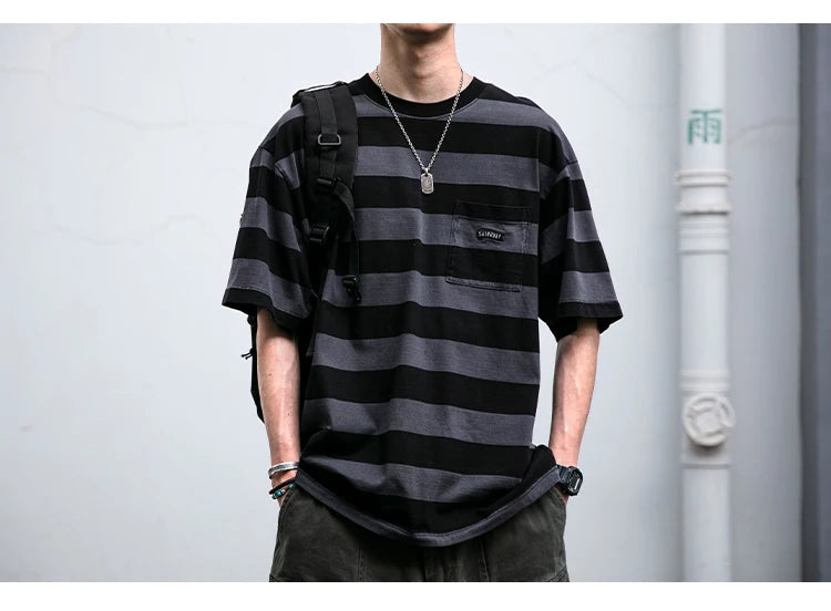 Saturday Striped Cotton T-Shirt , - Streetwear T-Shirts - Slick Street