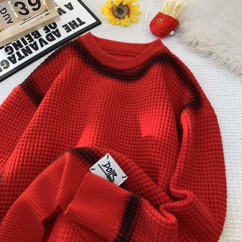 Waffle Knitted Crew Neck Sweater Red, XS - Streetwear Sweater - Slick Street