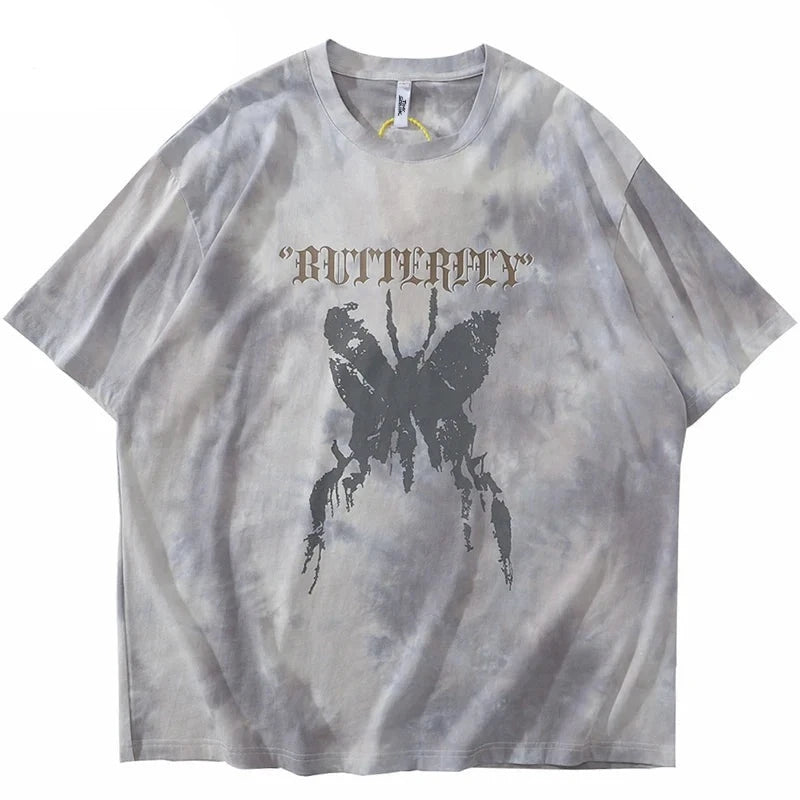 Tie Die Butterfly Graphic Loose T-Shirt Gray, M - Streetwear T-Shirt - Slick Street