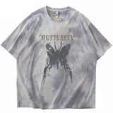 Tie Die Butterfly Graphic Loose T-Shirt Gray, M - Streetwear T-Shirts - Slick Street