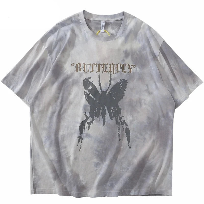 Tie Die Butterfly Graphic Loose T-Shirt Gray, M - Streetwear T-Shirts - Slick Street