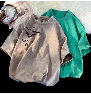 Flying Bat Graphic Gothic Washed Corduroy T-Shirt ,  - Streetwear T-Shirt - Slick Street