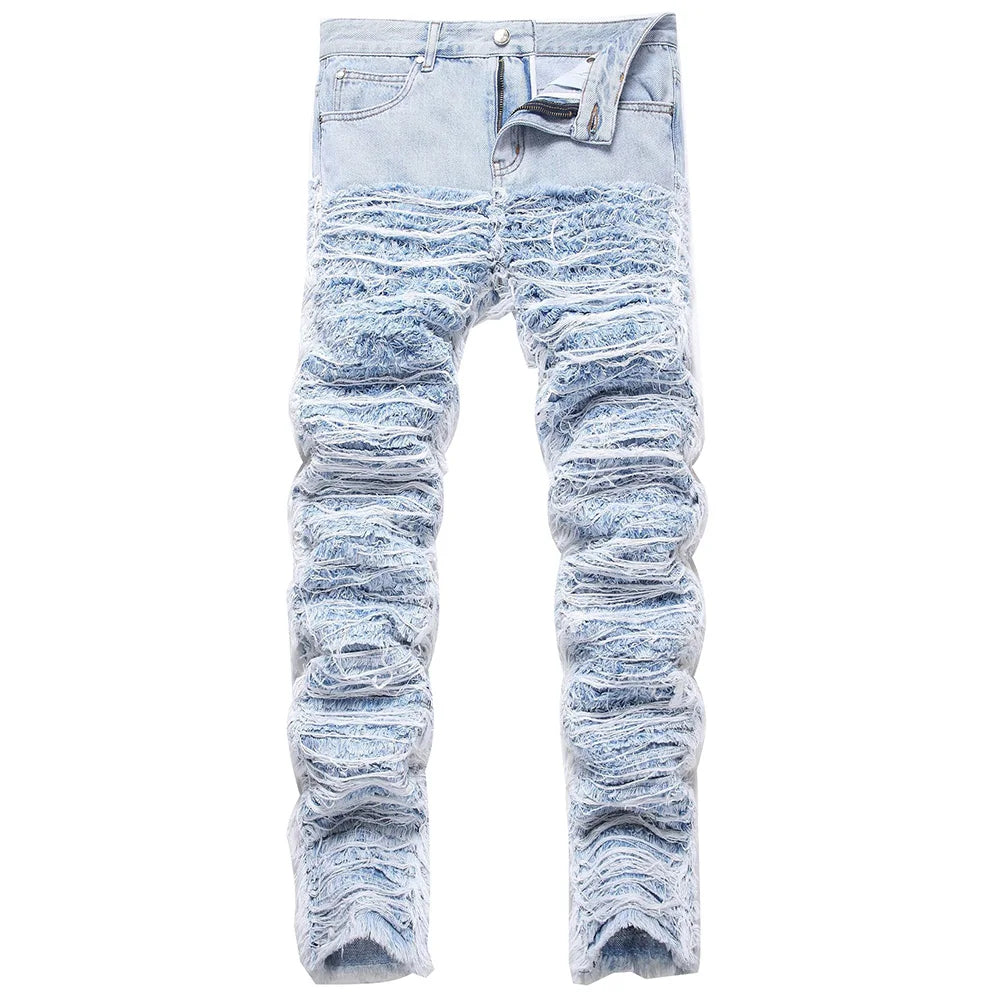 Light Blue Fringe Destroyed Pants Blue, 26 - Streetwear Pants - Slick Street
