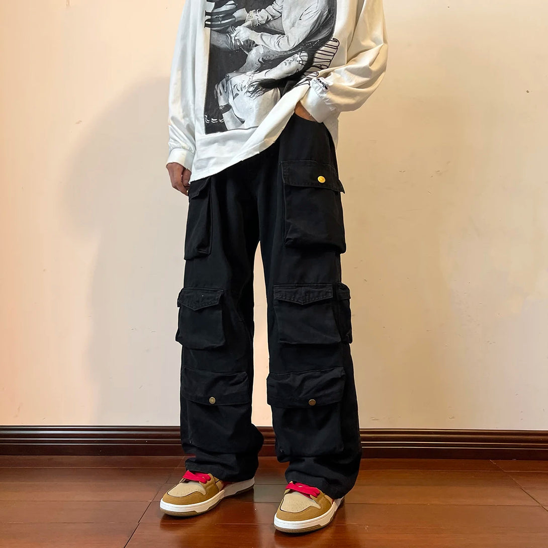 Baggy Style Multi-pockets Tooling Pants Black, XS(160-170cm) - Streetwear Pants - Slick Street