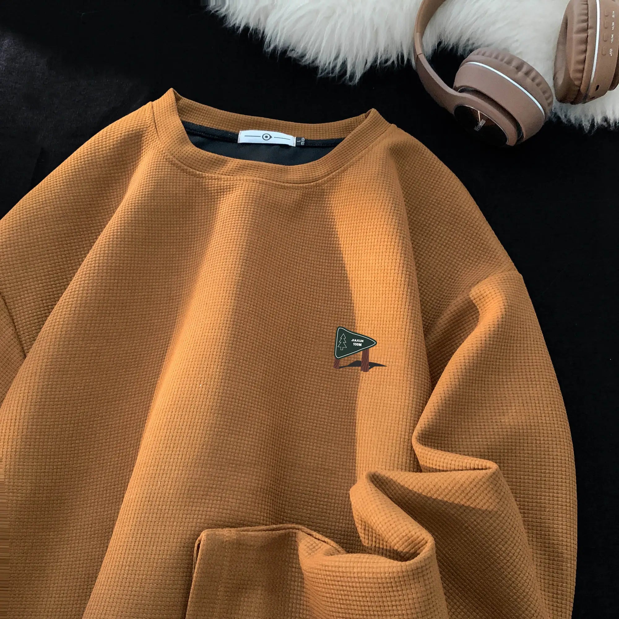 Drawstring Waffle Long Sleeve Pullover Shirt Camel, XS - Streetwear Sweatshirts - Slick Street