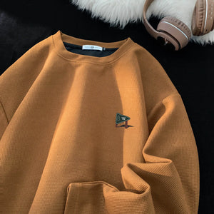 Drawstring Waffle Long Sleeve Pullover Shirt Camel, XS - Streetwear Sweatshirts - Slick Street