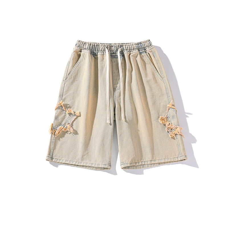 Denim Star Patch Drawstring Shorts Yellow, XS - Streetwear Shorts - Slick Street