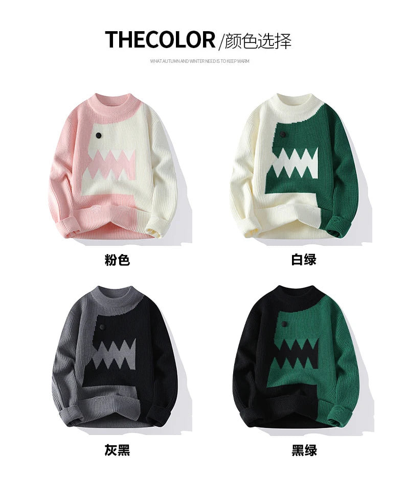 Splicing Half Dinosaur Knitwear Sweater , - Streetwear Sweater - Slick Street