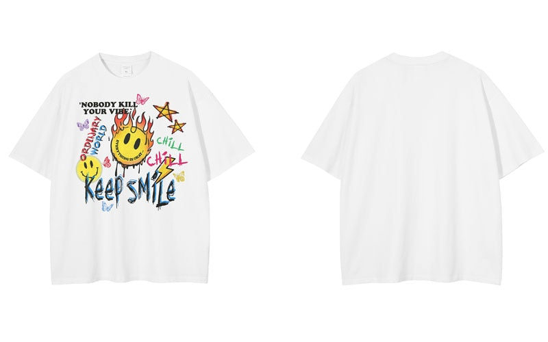 Keep Smile Graffiti Emoji Design T-Shirt White, M - Streetwear T-Shirt - Slick Street
