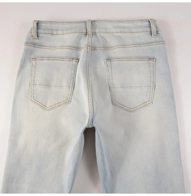 Pale Blue Cracked Pleated Pants , - Streetwear Pants - Slick Street
