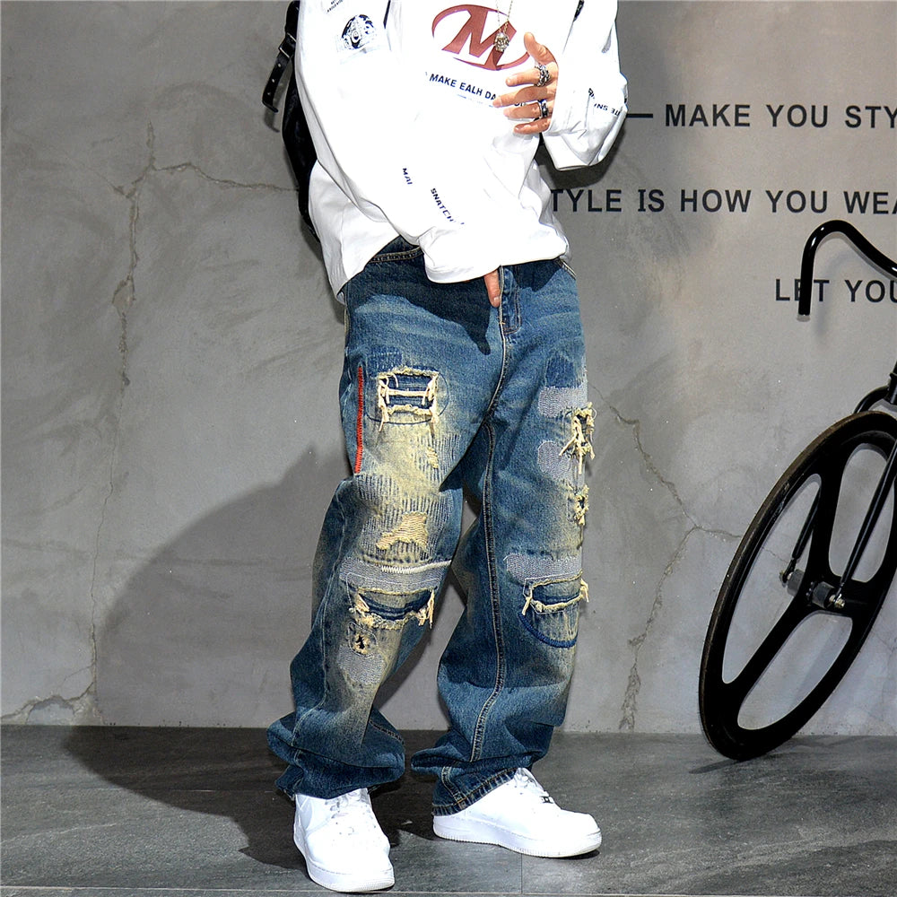 AM26 Ripped Patch Washed Jeans , - Streetwear Jeans - Slick Street