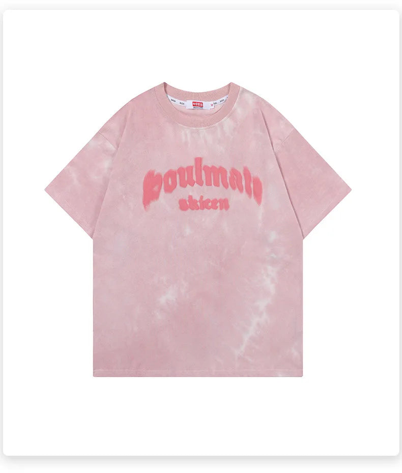 Soulmate Tie Die O-Neck Loose T-Shirt Pink, XS - Streetwear T-Shirts - Slick Street