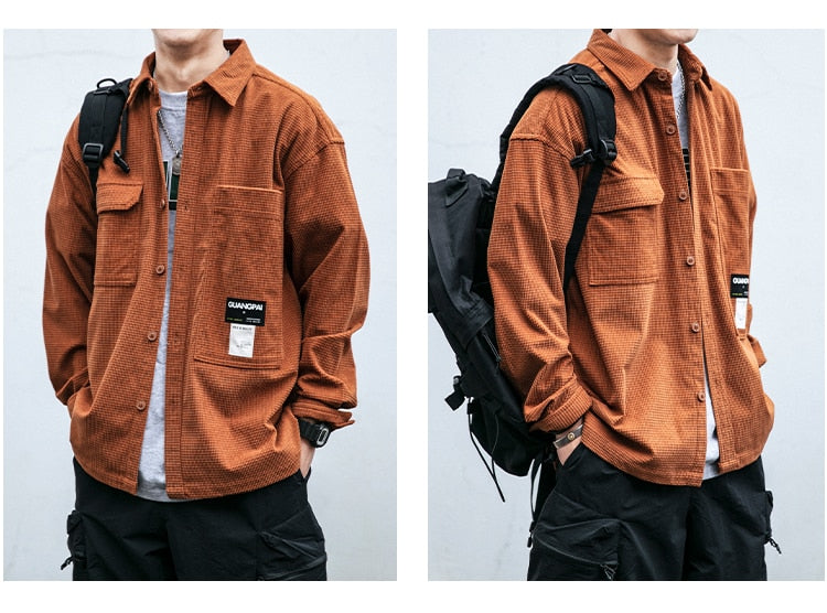 Corduroy Waffle Plaid Semi Collar Overshirt ,  - Streetwear Tops - Slick Street