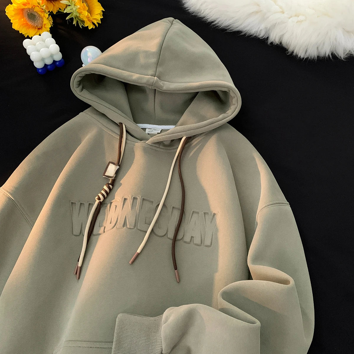 Drawstring Wednesday Embossed Letters Hoodie Green, XS - Streetwear Hoodie - Slick Street