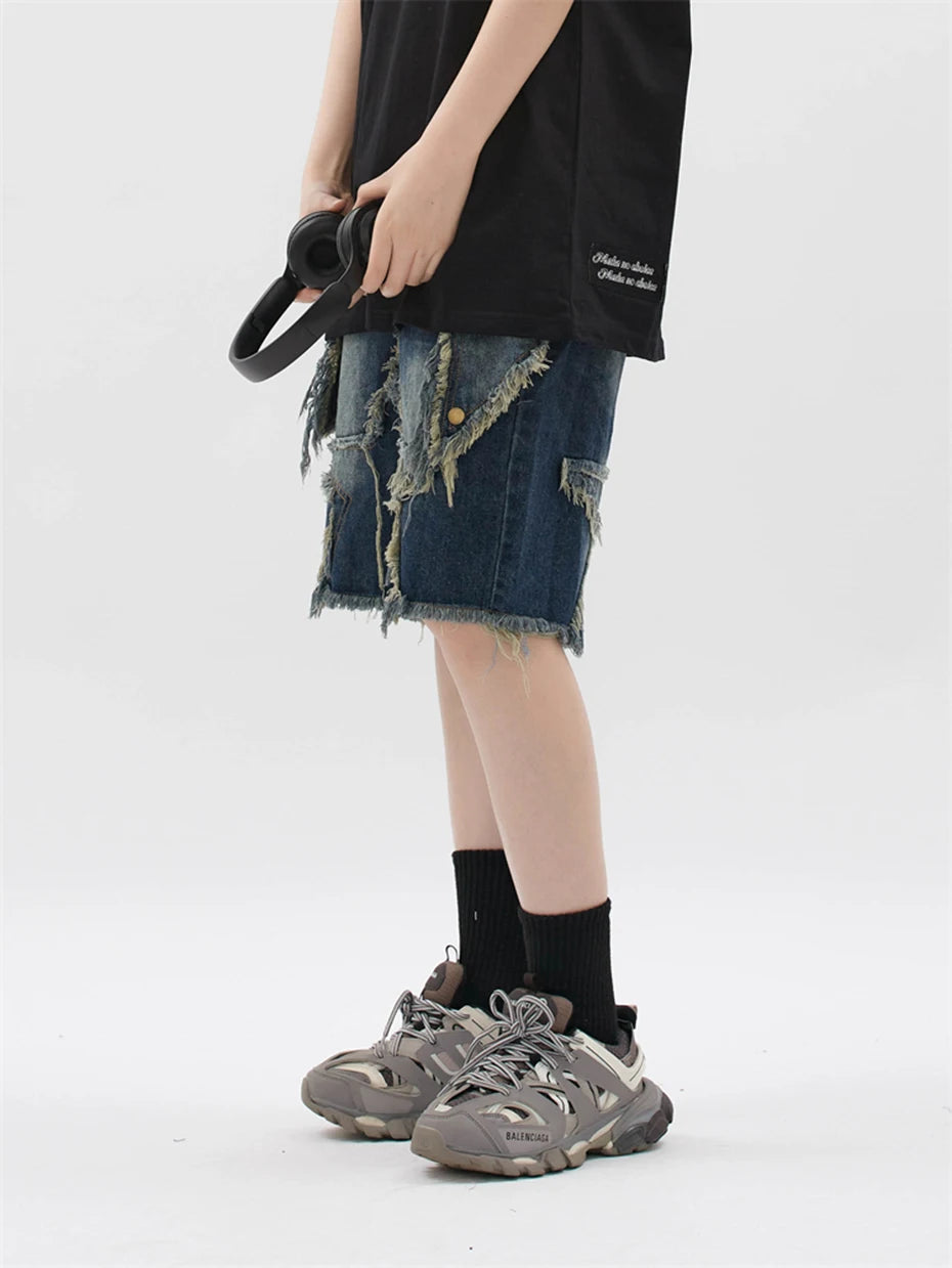 Blue Denim Tassel Star Shorts , - Streetwear Shorts - Slick Street