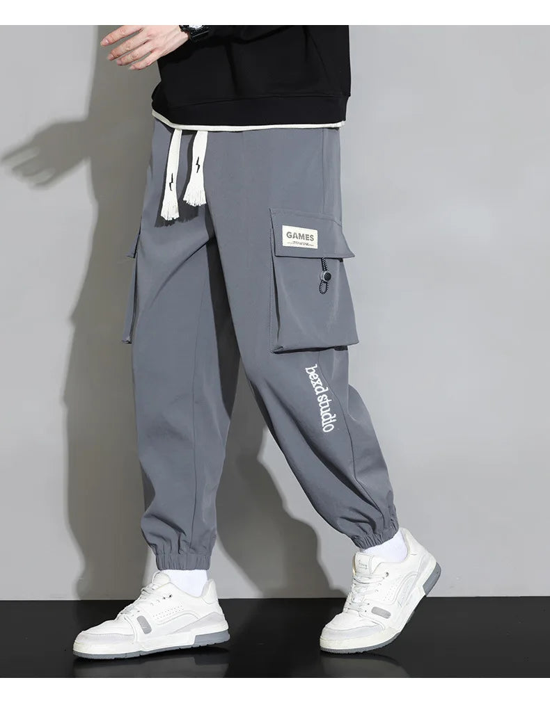 Plain Color Drawstring Knee Cargo Pocket Pants ,  - Streetwear Pants - Slick Street