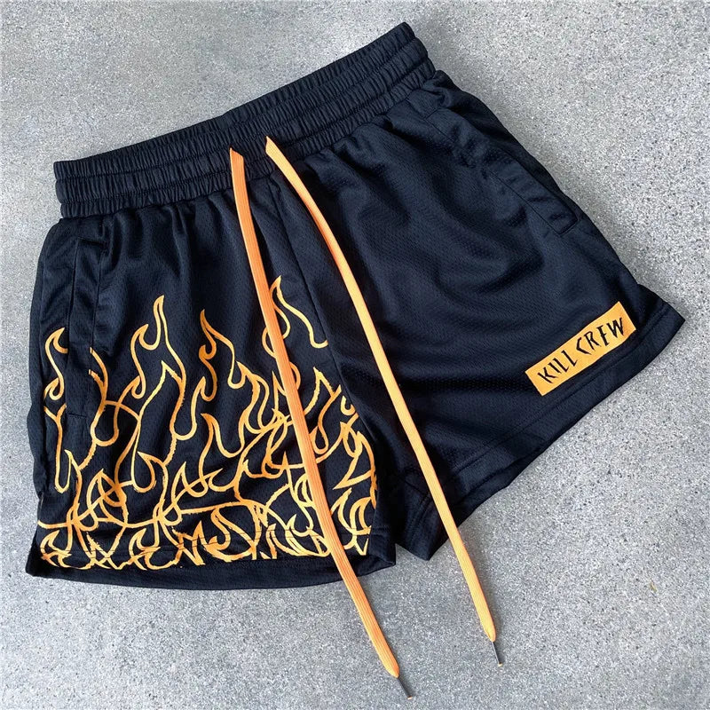 Hot Rod Fire Flame Pattern Shorts Navy Orange, XXXL - Streetwear Shorts - Slick Street