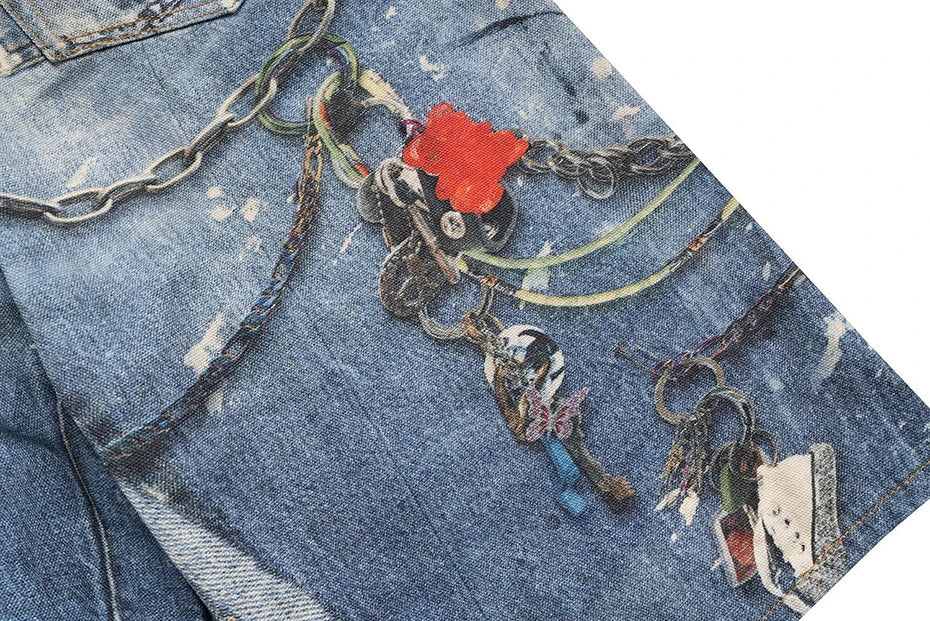 Hanging Keychain Graphic Denim Shorts , - Streetwear Shorts - Slick Street