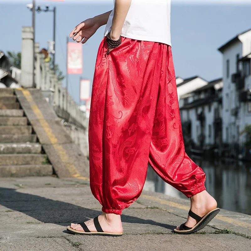 Dragon With Flower Theme Pants Red, L - Streetwear Pants - Slick Street