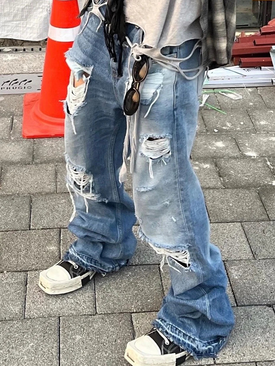 Distressed KP26 Baggy Flared Jeans , - Streetwear Jeans - Slick Street