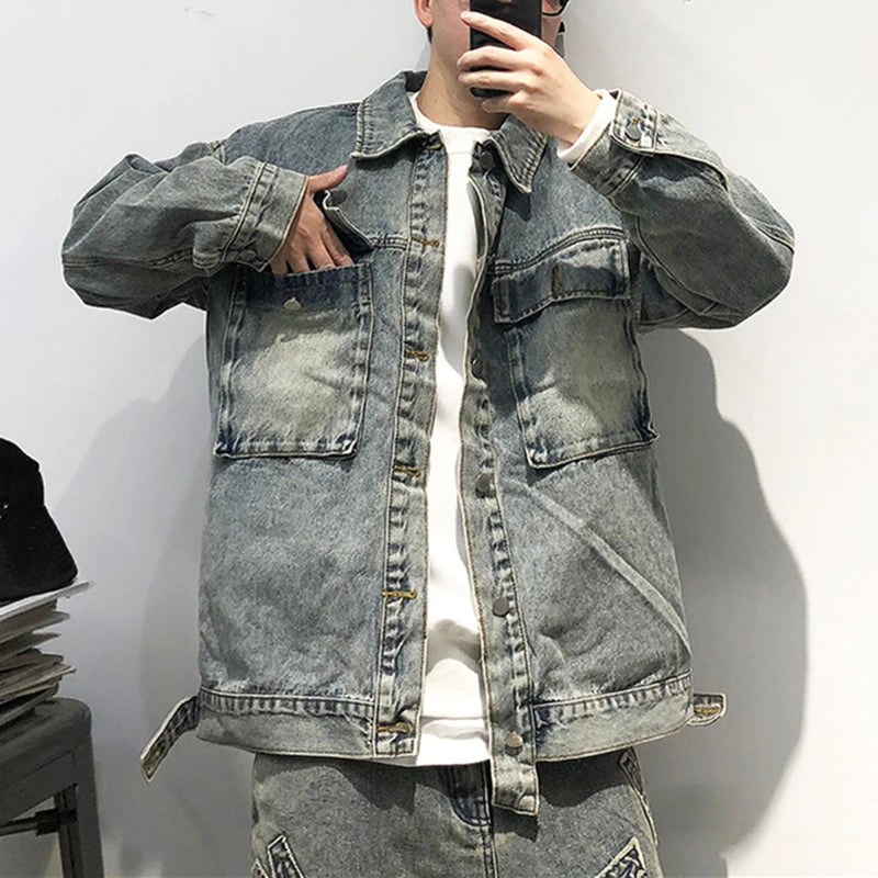 Tied Die Lapel Button Up Jean Jacket ,  - Streetwear Pants - Slick Street