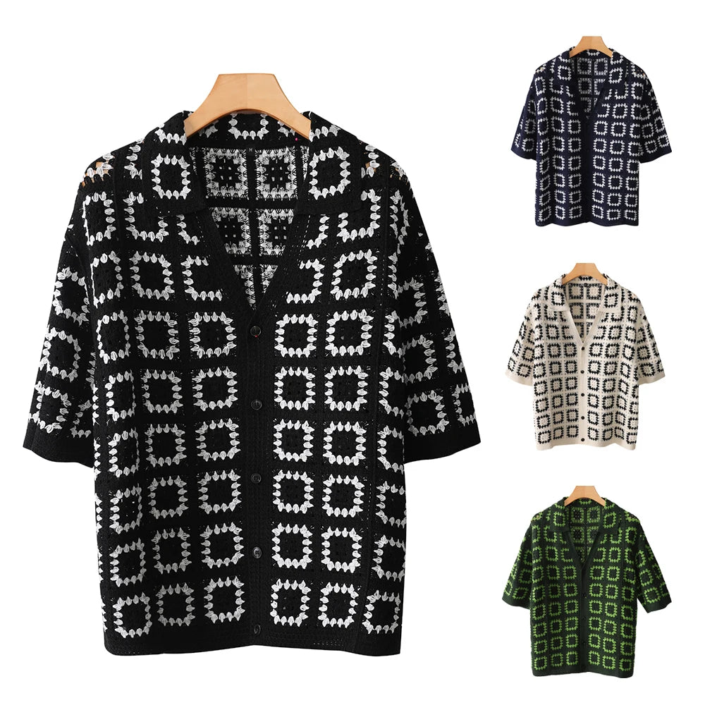 V-Neck Knitted Short Sleeve Shirt , - Streetwear Shirt - Slick Street