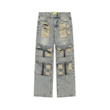SK5 Multi Zipper Ripped Jeans Light blue, XXS - Streetwear Pants - Slick Street