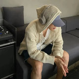 Hollow Knitted Cardigan Long Sleeve Hooded Beige, M - Streetwear Hoodie - Slick Street