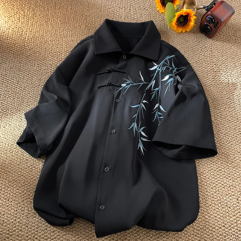 Floral Leaves Short Sleeve Shirt Black, XS - Streetwear T-Shirt - Slick Street