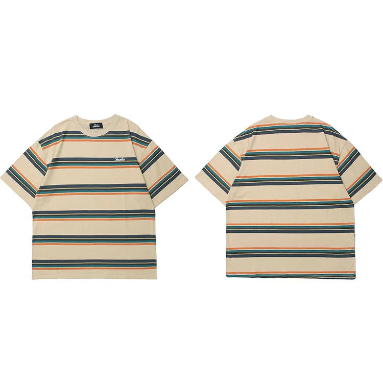 Varied Color Striped Pullover T-Shirt Khaki, S - Streetwear T-Shirt - Slick Street