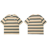 Varied Color Striped Pullover T-Shirt Khaki, S - Streetwear T-Shirt - Slick Street