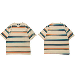 Varied Color Striped Pullover T-Shirt Khaki, S - Streetwear T-Shirt - Slick Street