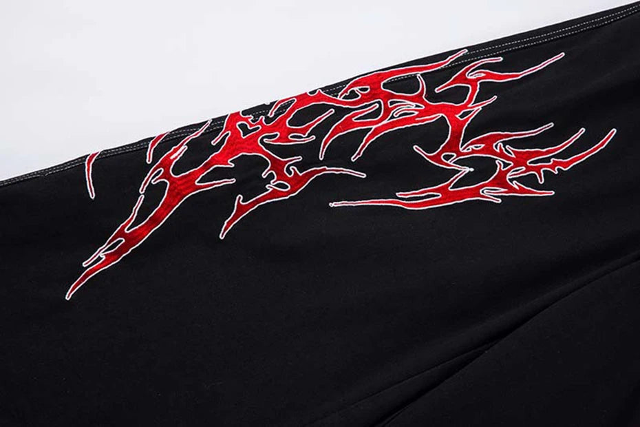 Flame Embroidery Straight Leg Pants , - Streetwear Pants - Slick Street