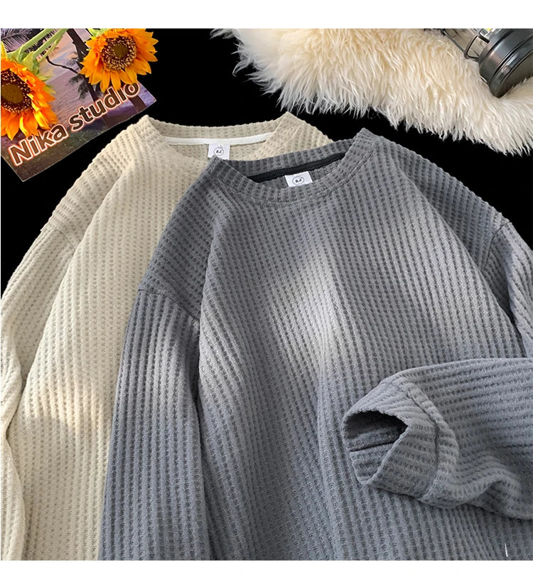 Waffle Knit Long Sleeve Sweater , - Streetwear Sweater - Slick Street