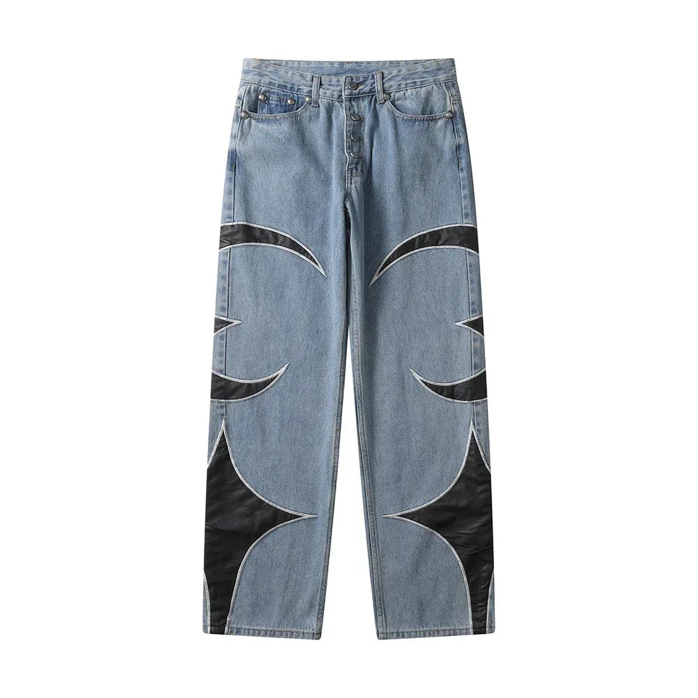 Crescent Embroidery Patchwork Baggy Pants Blue, S - Streetwear Pants - Slick Street
