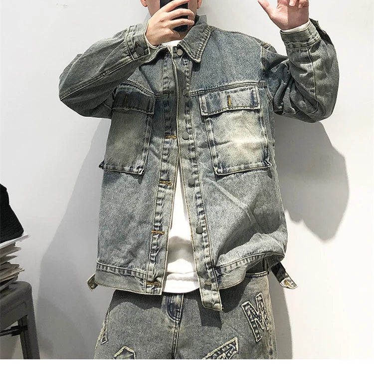 Tied Die Lapel Button Up Jean Jacket ,  - Streetwear Pants - Slick Street