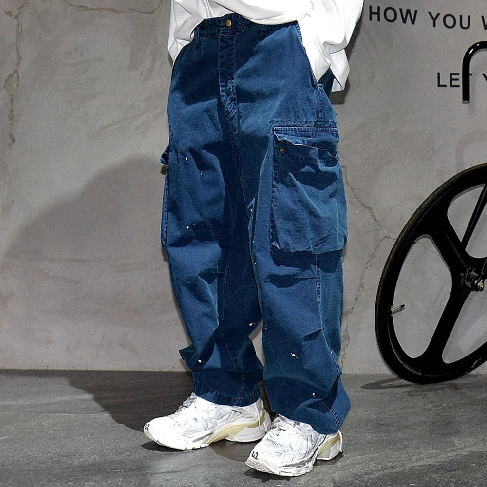 Paint Splash Multi Pockets Pants Blue, 26 - Streetwear Pants - Slick Street