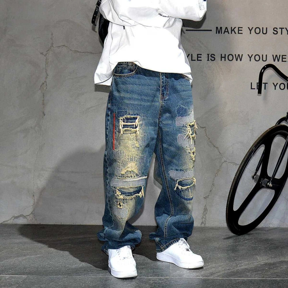 AM26 Ripped Patch Washed Jeans , - Streetwear Jeans - Slick Street