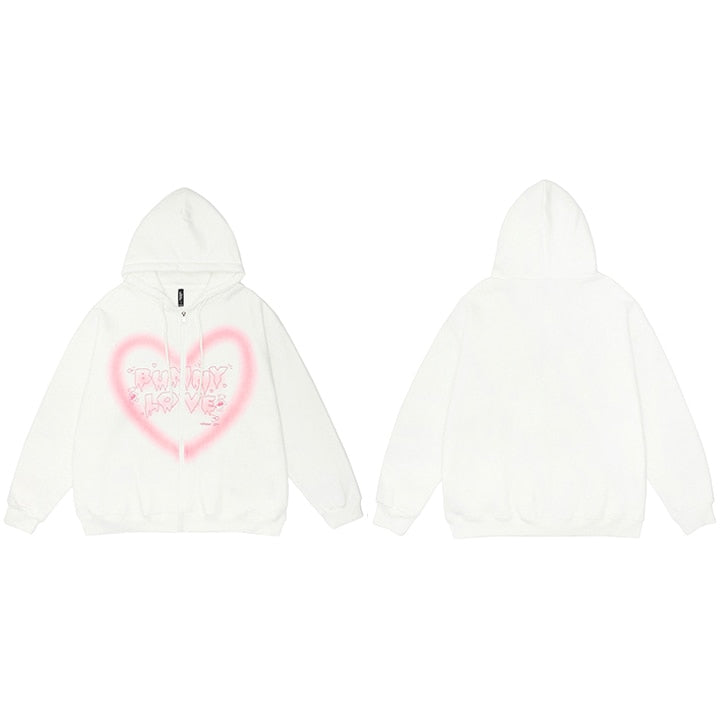Heart Shape The BUNNY LOVE Anime Zipper Hoodie White, M - Streetwear Hoodie - Slick Street