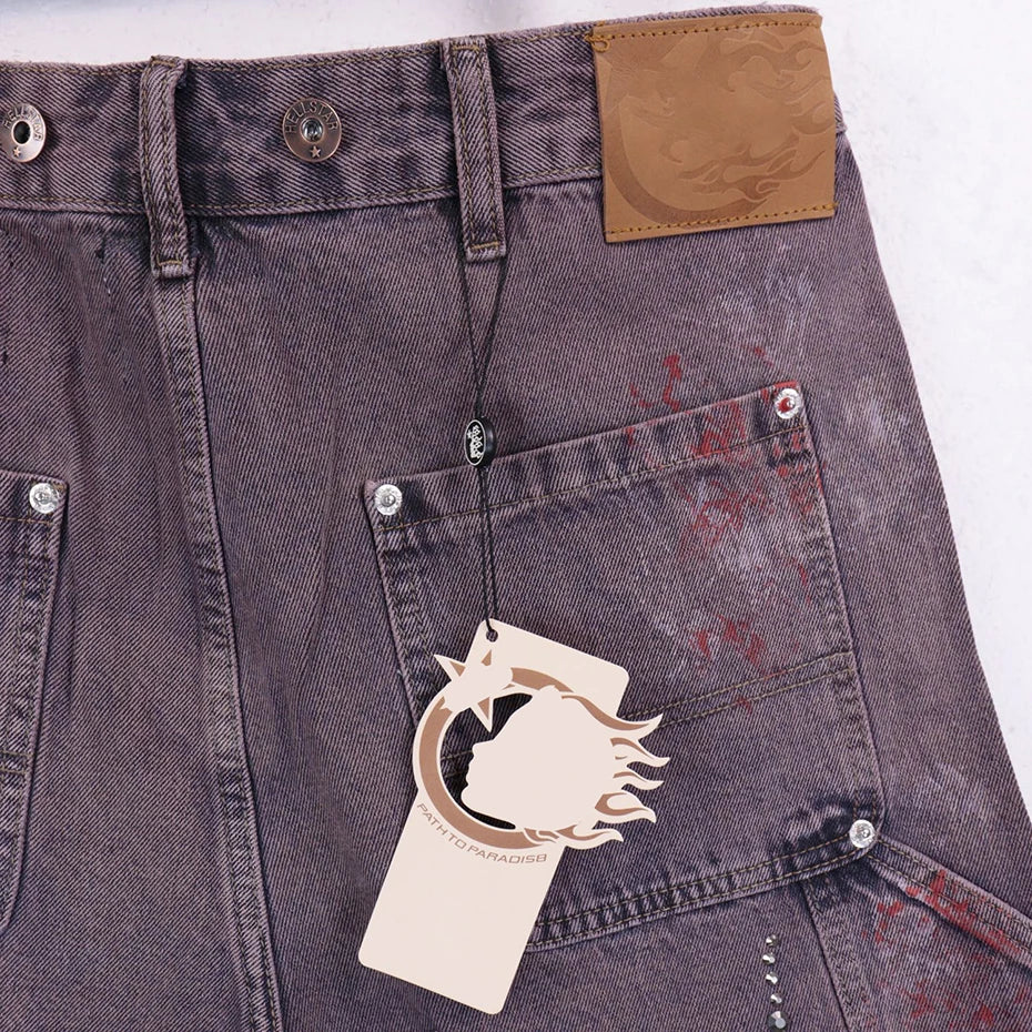 Fire Diamond Denim Rhinestone Shorts , - Streetwear Shorts - Slick Street